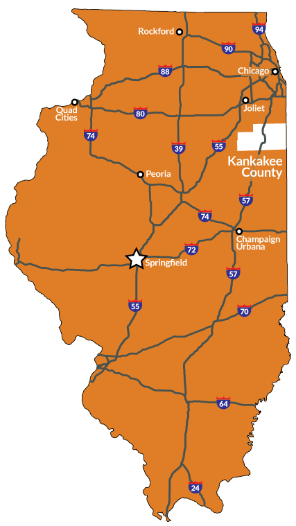 Illinois Map showing cities and proximity to Kankakee County.